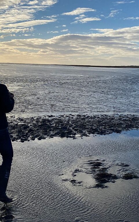 Person im Gegenlicht im Wattenmeer auf Juist